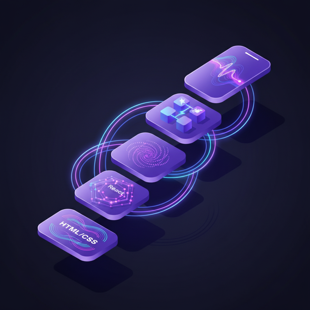 Ilustração isométrica mostrando progressão de projetos fullstack do iniciante ao avançado