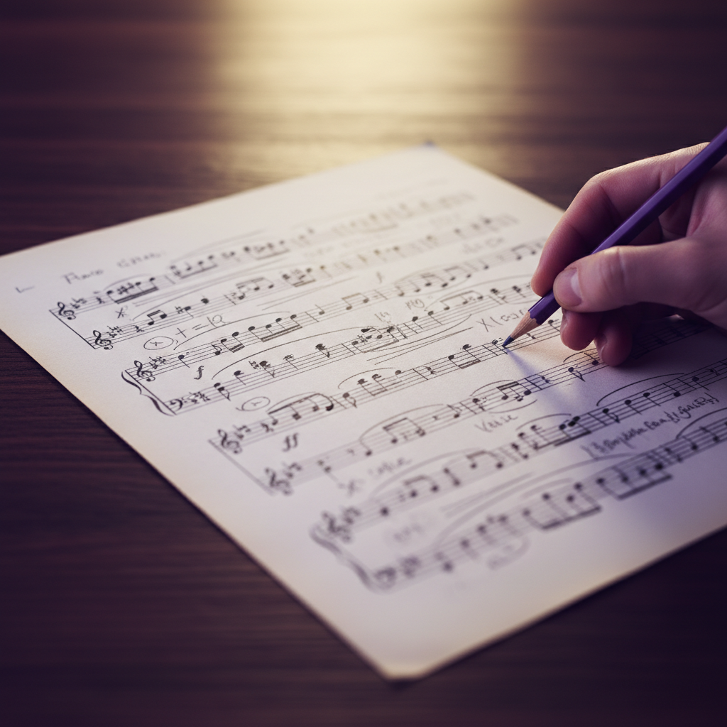 Partitura musical com anotações, simbolizando a prática em um curso de canto online.