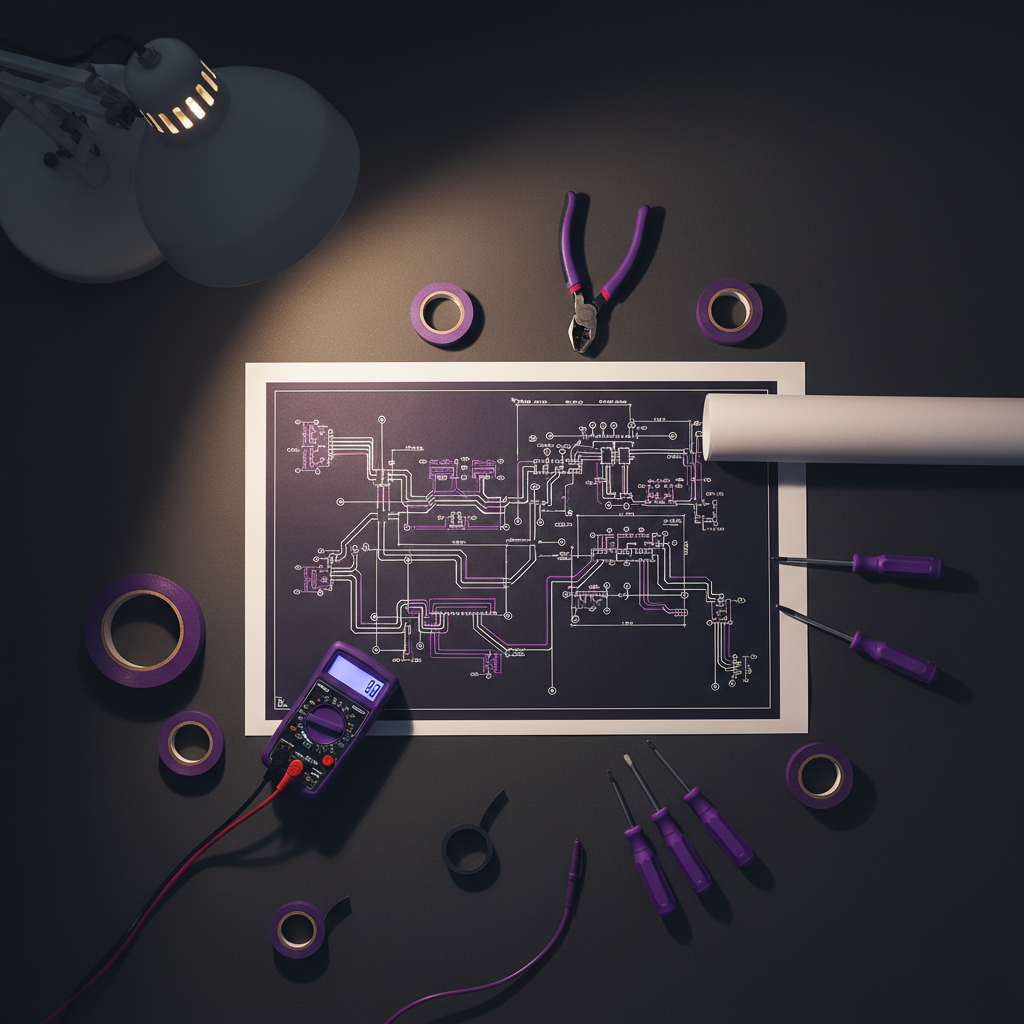 Mesa de trabalho com ferramentas e um projeto elétrico, representando o conteúdo dos melhores cursos de eletricista online.