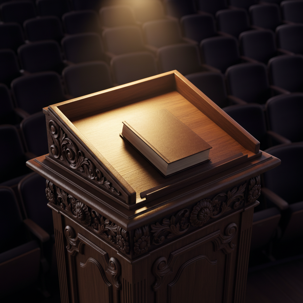 Detalhe de um pódio de madeira com iluminação de palco, representando apresentações e cursos de oratória
