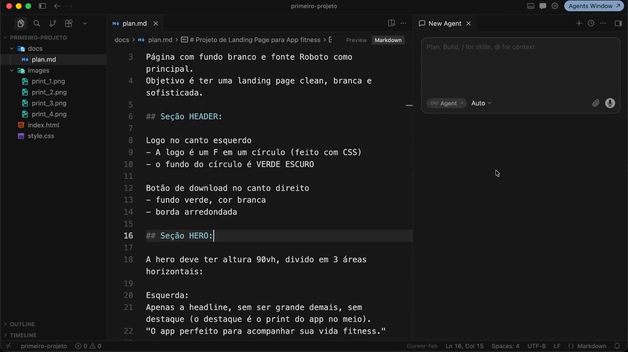 Aula do Fullstack com IA da B7Web mostrando o editor com o plano do projeto e o assistente de IA