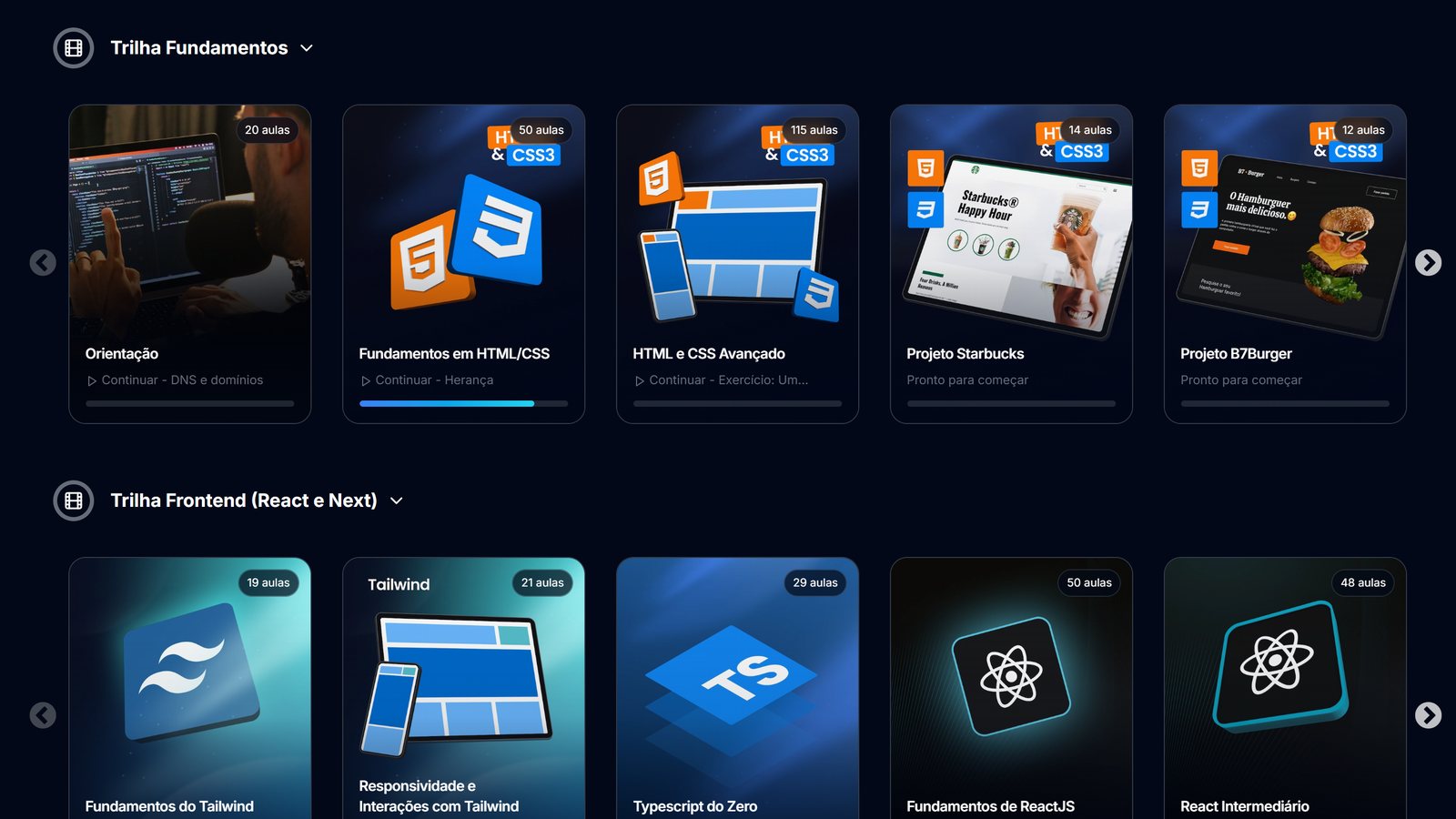 Biblioteca da B7Web com as trilhas de Fundamentos e de Frontend com React e Next