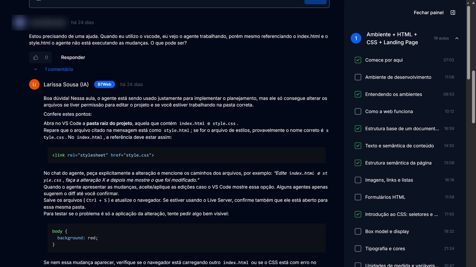Dúvida de aluno respondida pela assistente de IA da B7Web embaixo da aula