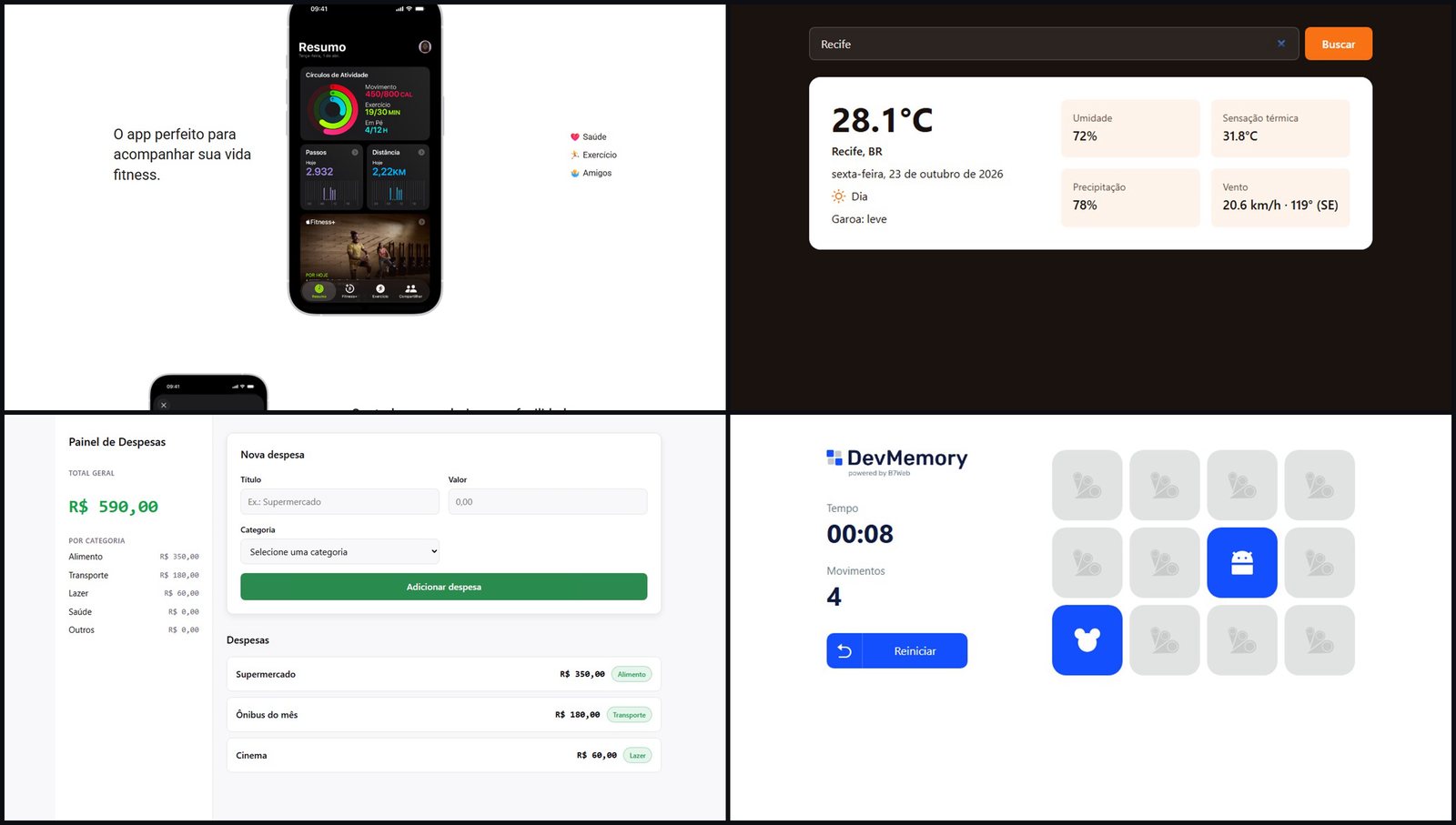 Projetos do curso Fullstack com IA da B7Web rodando: landing page, app de clima, painel de gastos e jogo da memória