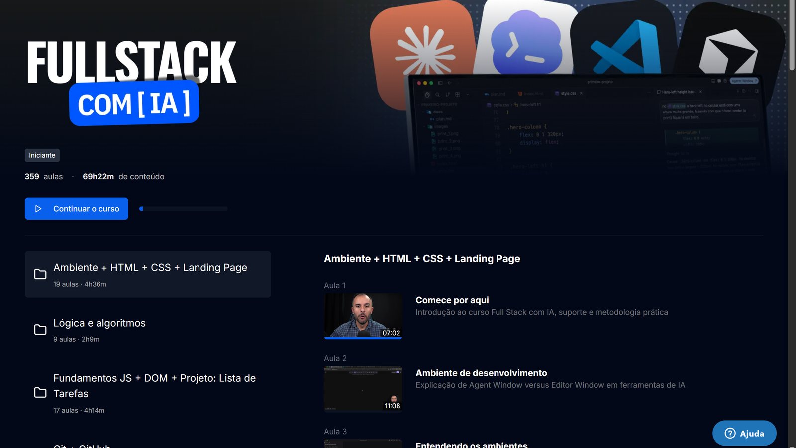 Página do curso Fullstack com IA da B7Web por dentro, com 359 aulas e 69h22m de conteúdo
