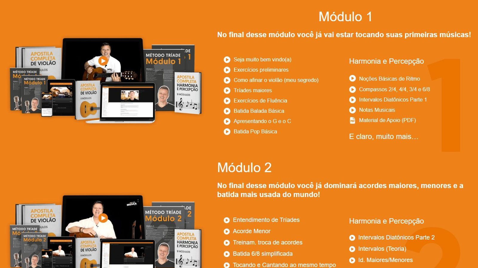 Curso de violão online Método Tríade: módulos 1 e 2 na página do curso, com primeiras músicas e harmonia e percepção