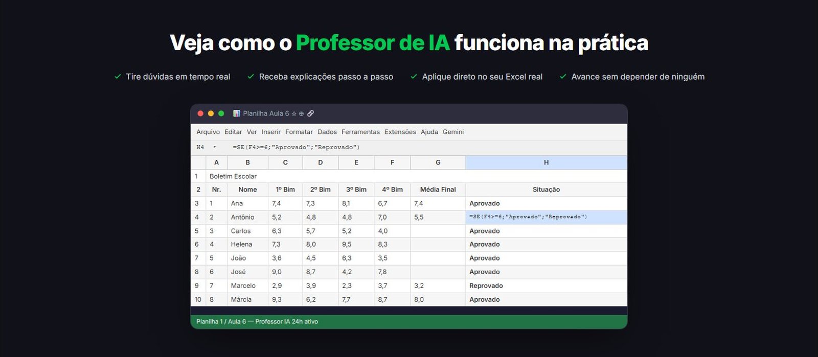 Demonstração do professor de IA do curso de Excel com IA do Jhonny Lopes numa planilha de notas