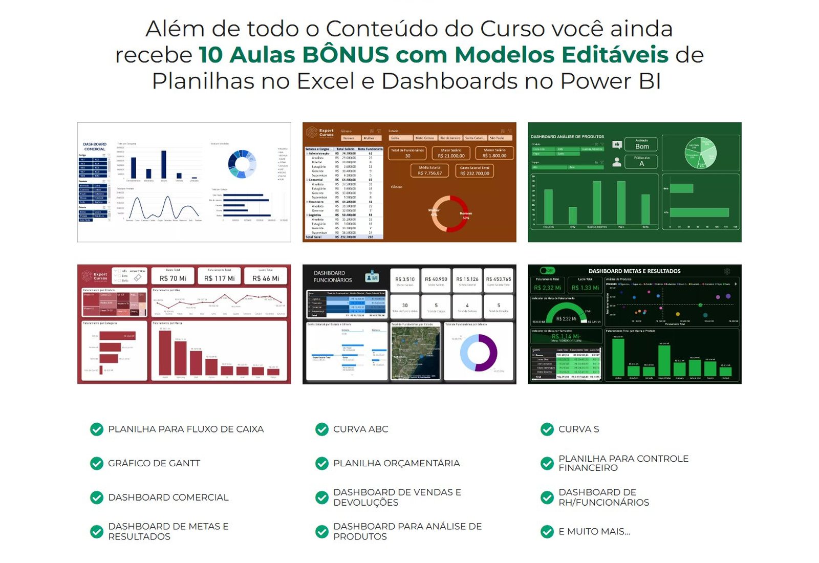Modelos de planilhas e dashboards que vêm no curso de Excel e Power BI da Expert Cursos
