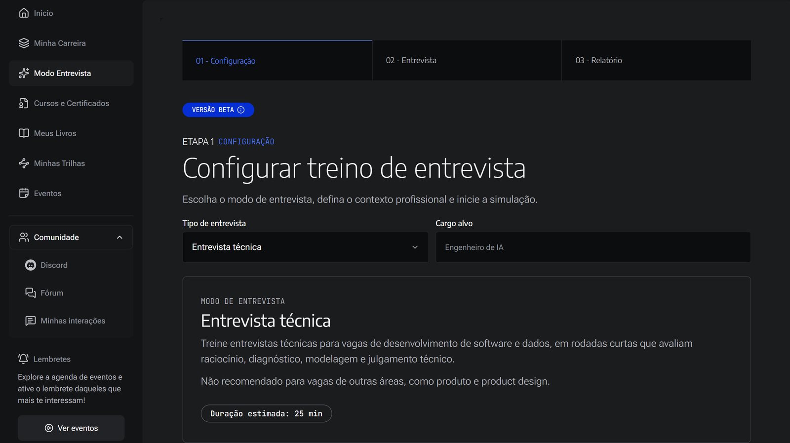 Modo entrevista da Alura, que treina a entrevista técnica de quem faz curso de programação