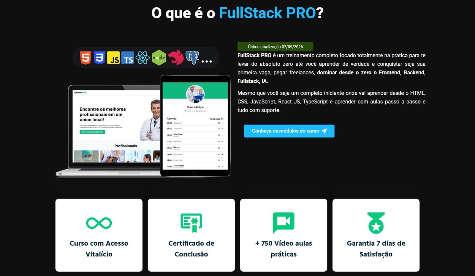 Página do Full Stack Pro, curso de programação com mais de 750 aulas e acesso vitalício