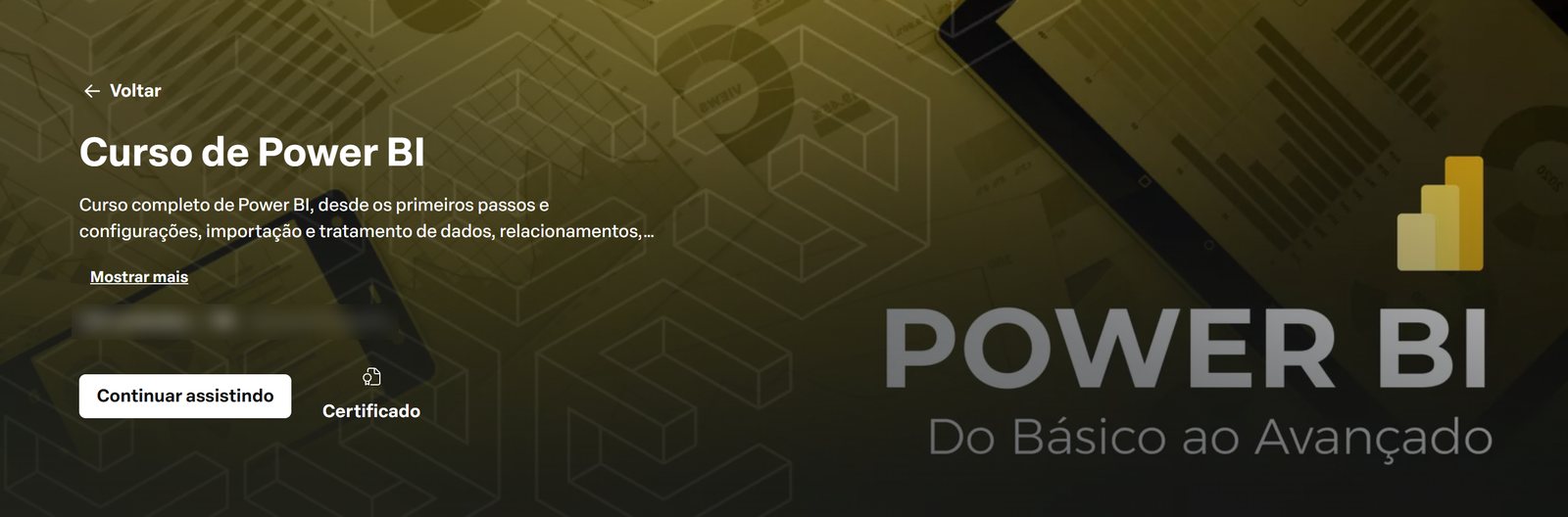 Curso de Power BI da Expert Cursos visto por dentro, na área do aluno